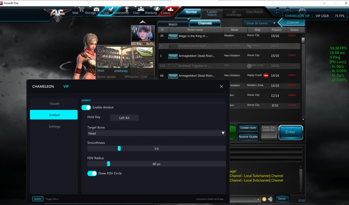 Chameleon VIP in-game Aimbot menu showing FOV Radius, Smoothness slider, and Target Bone selection for Assault Fire PH