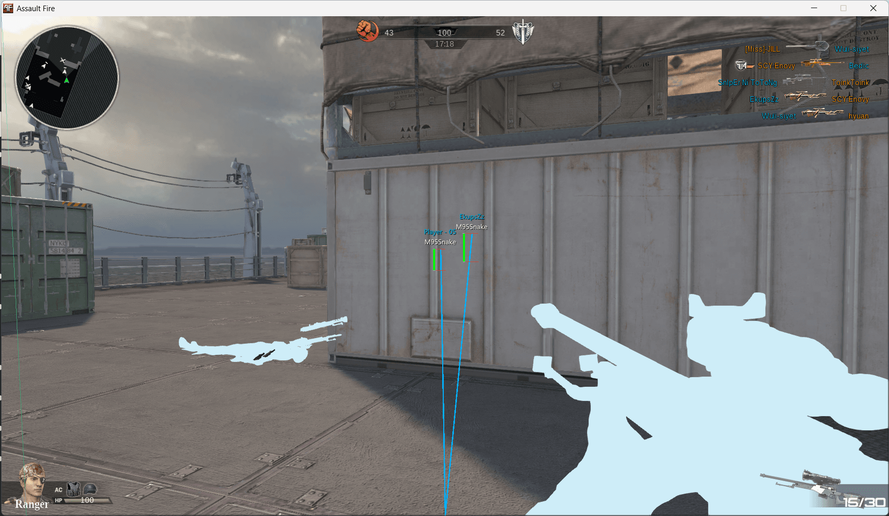 Assault Fire PH live in-game combat showing Cham Wallhack, Snaplines, and 2D Box ESP