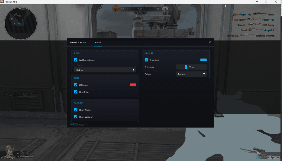 Chameleon VIP live in-game DirectX menu overlay for Assault Fire PH